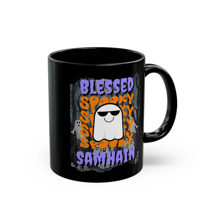 Spooky Blessed Samhain Ghost Purple font Black Mug by CreepyCrafts.boo