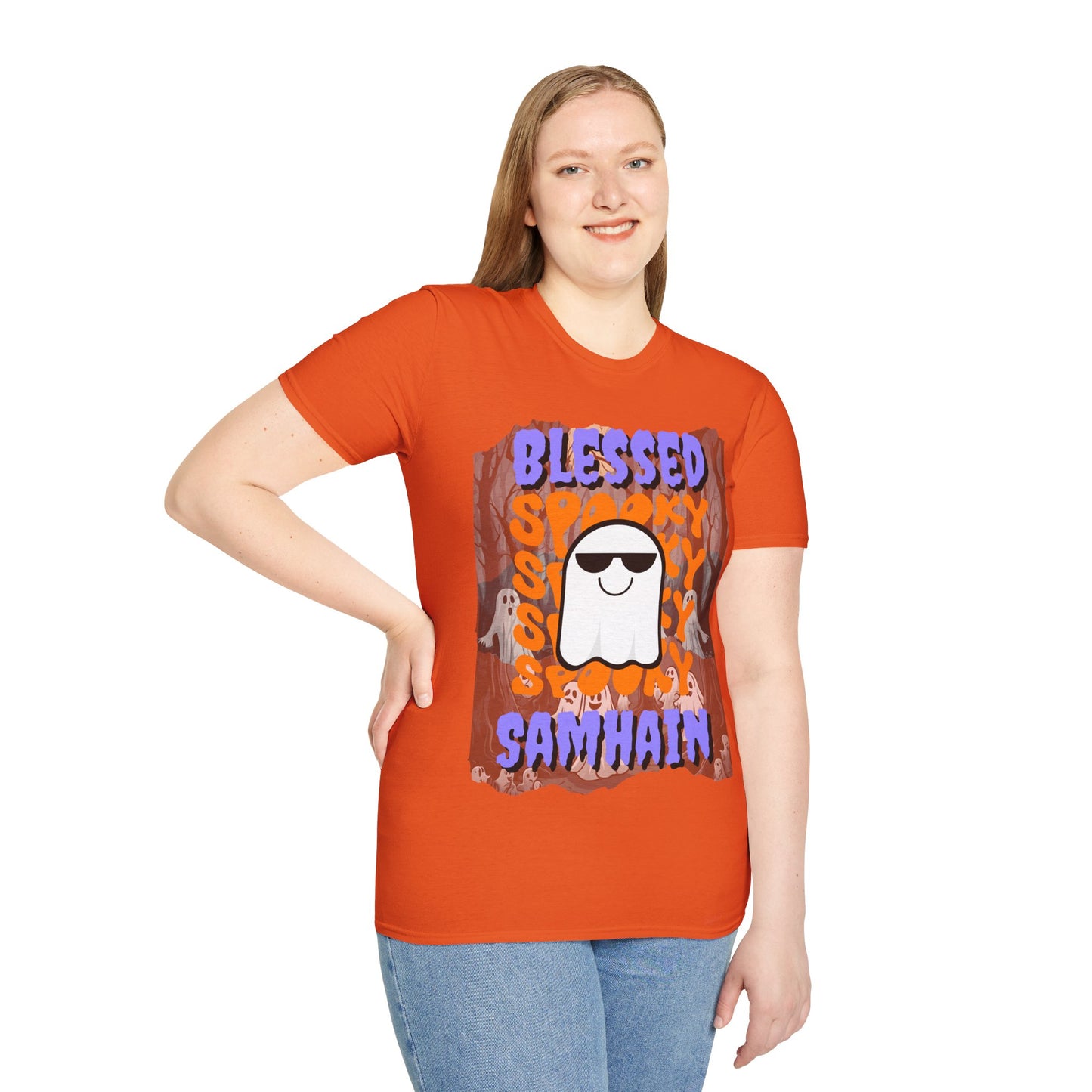Spooky Blessed Samhain Ghost Purple font Unisex T-Shirt by CreepyCrafts.boo