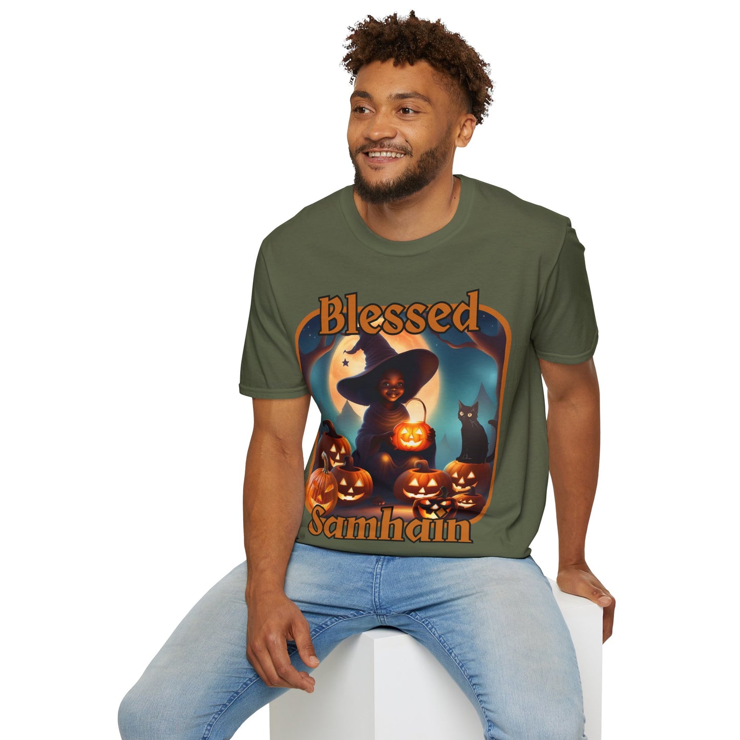 Blessed Samhain Cute Witch Orange font Dark colors Unisex T-Shirt by CreepyCrafts.boo