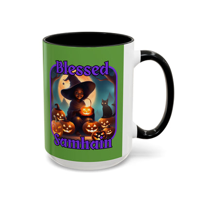 Blessed Samhain Cute Witch Purple font Green Accent Mug by CreepyCrafts.boo