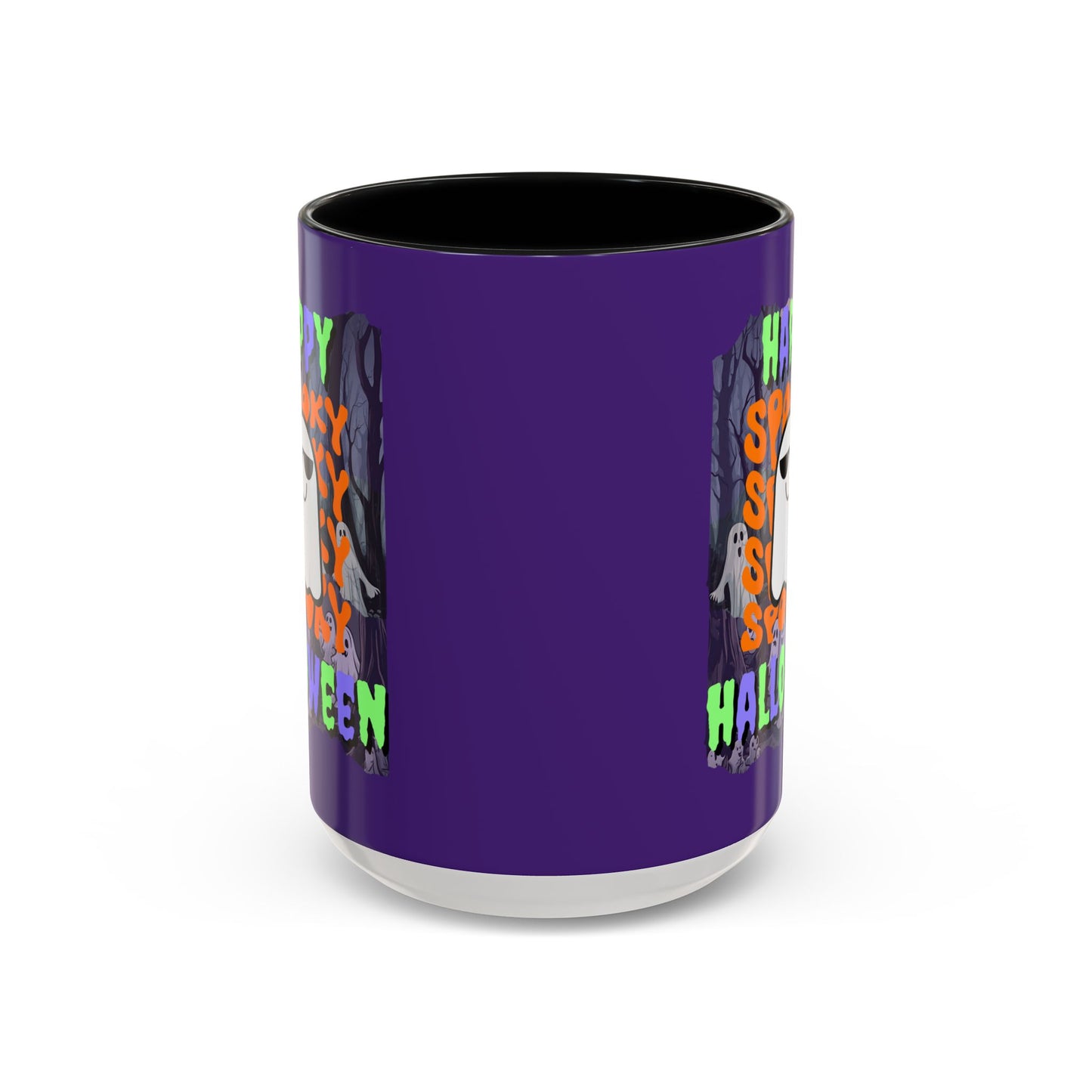 Spooky Happy Halloween Ghost Mixed font Purple Accent Mug by CreepyCrafts.boo