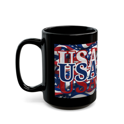 USA Blue font Center Patriot Black Mug by cypherpunkgear.com