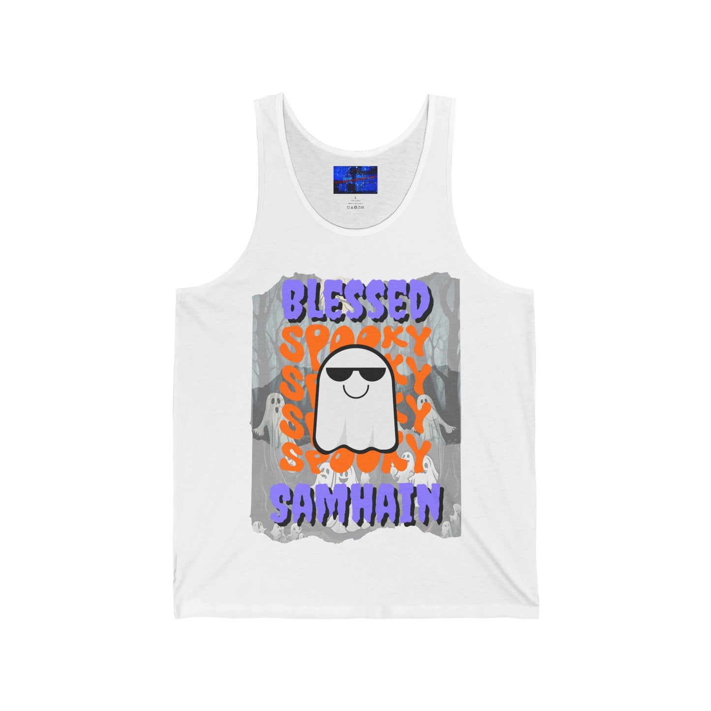 Spooky Blessed Samhain Ghost PRfont Unisex Jersey Tank Top by cypherpunkgear