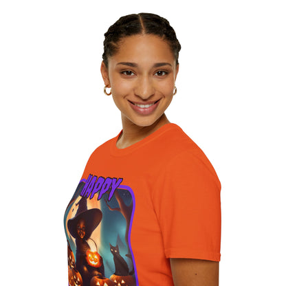 Happy Halloween Cute Witch Purple font Light colors Unisex T-Shirt by CreepyCrafts.boo
