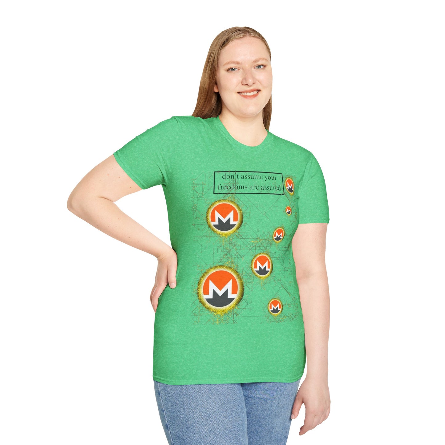 Monero (XMR) don't assume your freedoms are assured Light colors Unisex T-Shirt by cypherpunkgear.com