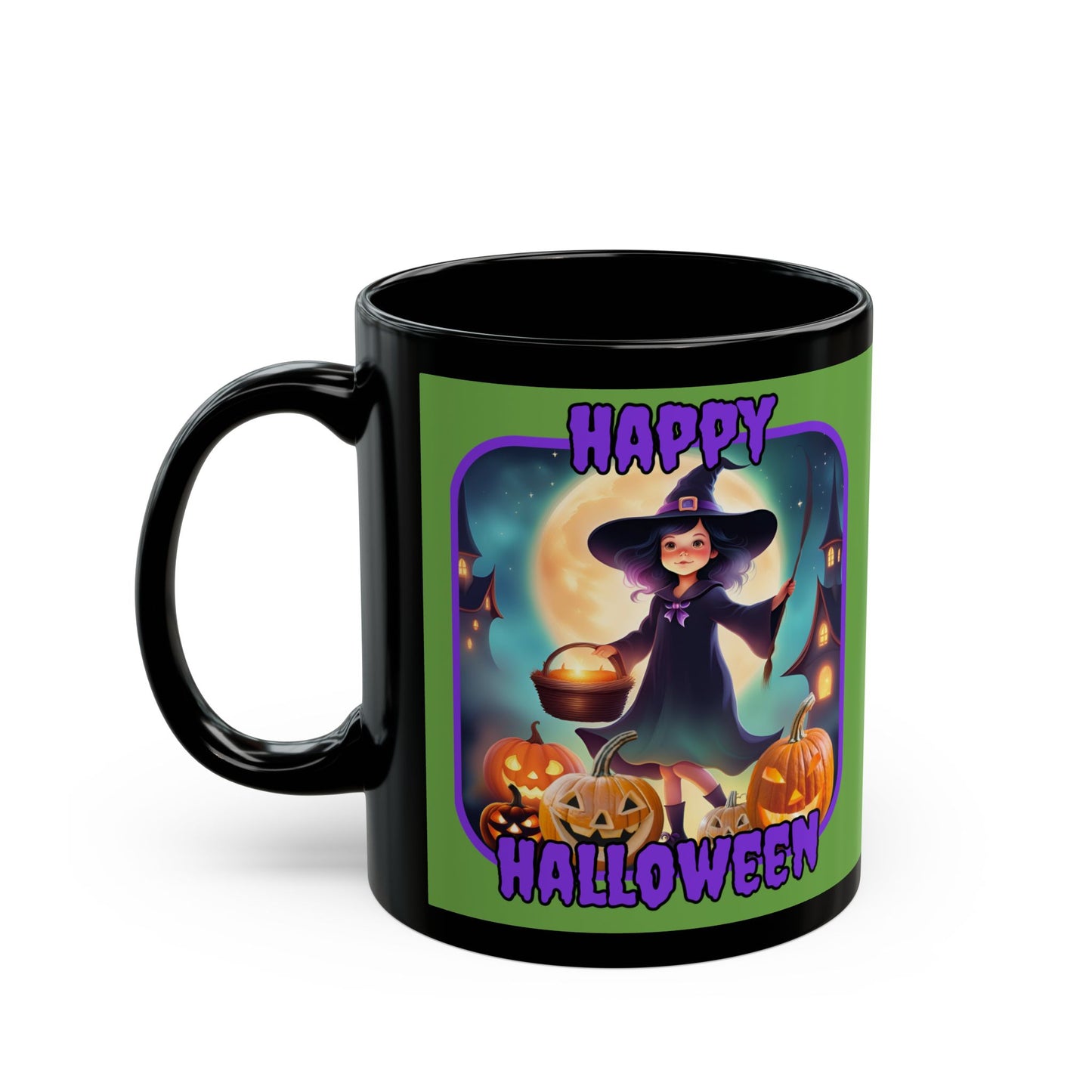 Happy Halloween Little Witch Purple font Green Mug by CreepyCrafts.boo