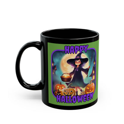 Happy Halloween Little Witch Purple font Green Mug by CreepyCrafts.boo