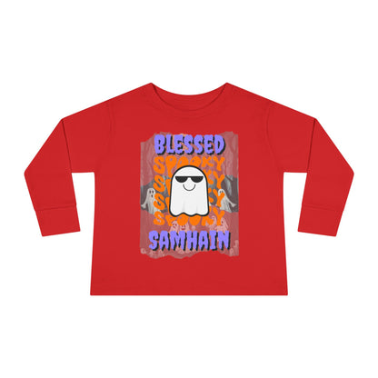 Spooky Blessed Samhain Ghost Purple font Toddler Long Sleeve Tee by CreepyCrafts.boo
