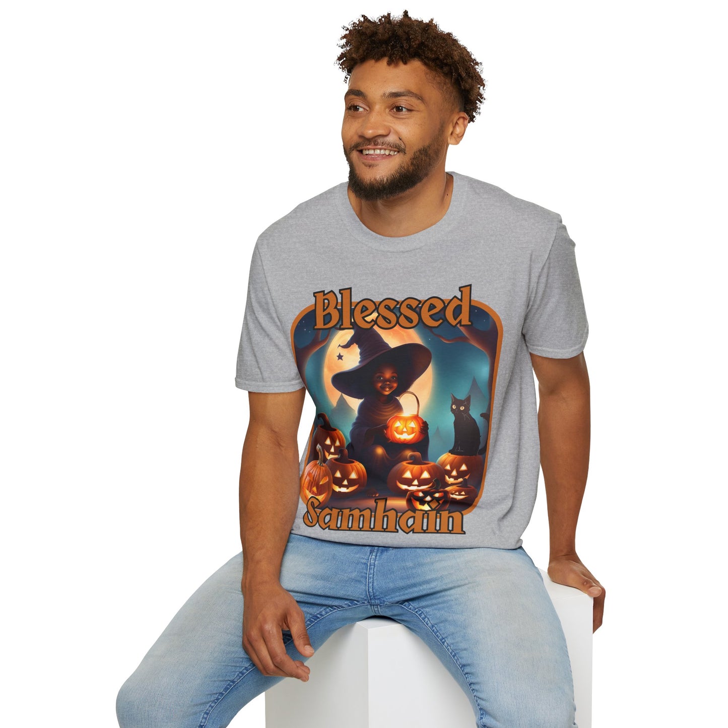 Blessed Samhain Cute Witch Orange font Light colors Unisex T-Shirt by CreepyCrafts.boo