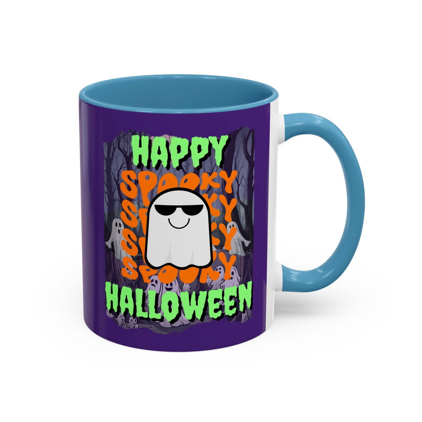 Spooky Happy Halloween Ghost Green font Purple Accent Mug by CreepyCrafts.boo