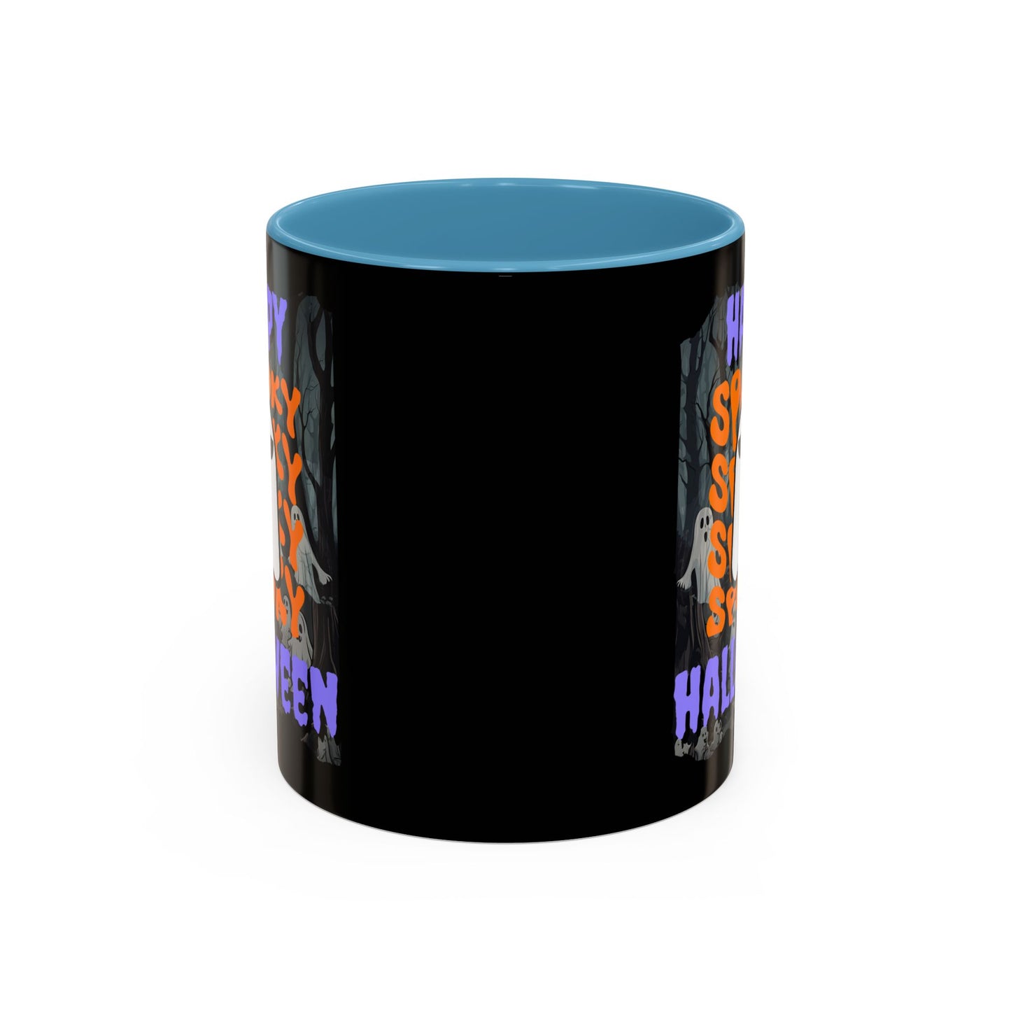 Spooky Happy Halloween Ghost Purple font Black Accent Mug by CreepyCrafts.boo