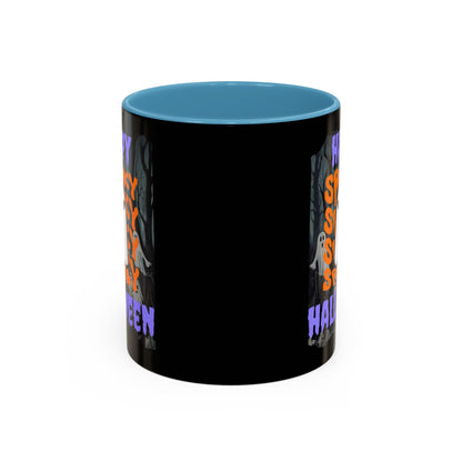 Spooky Happy Halloween Ghost Purple font Black Accent Mug by CreepyCrafts.boo