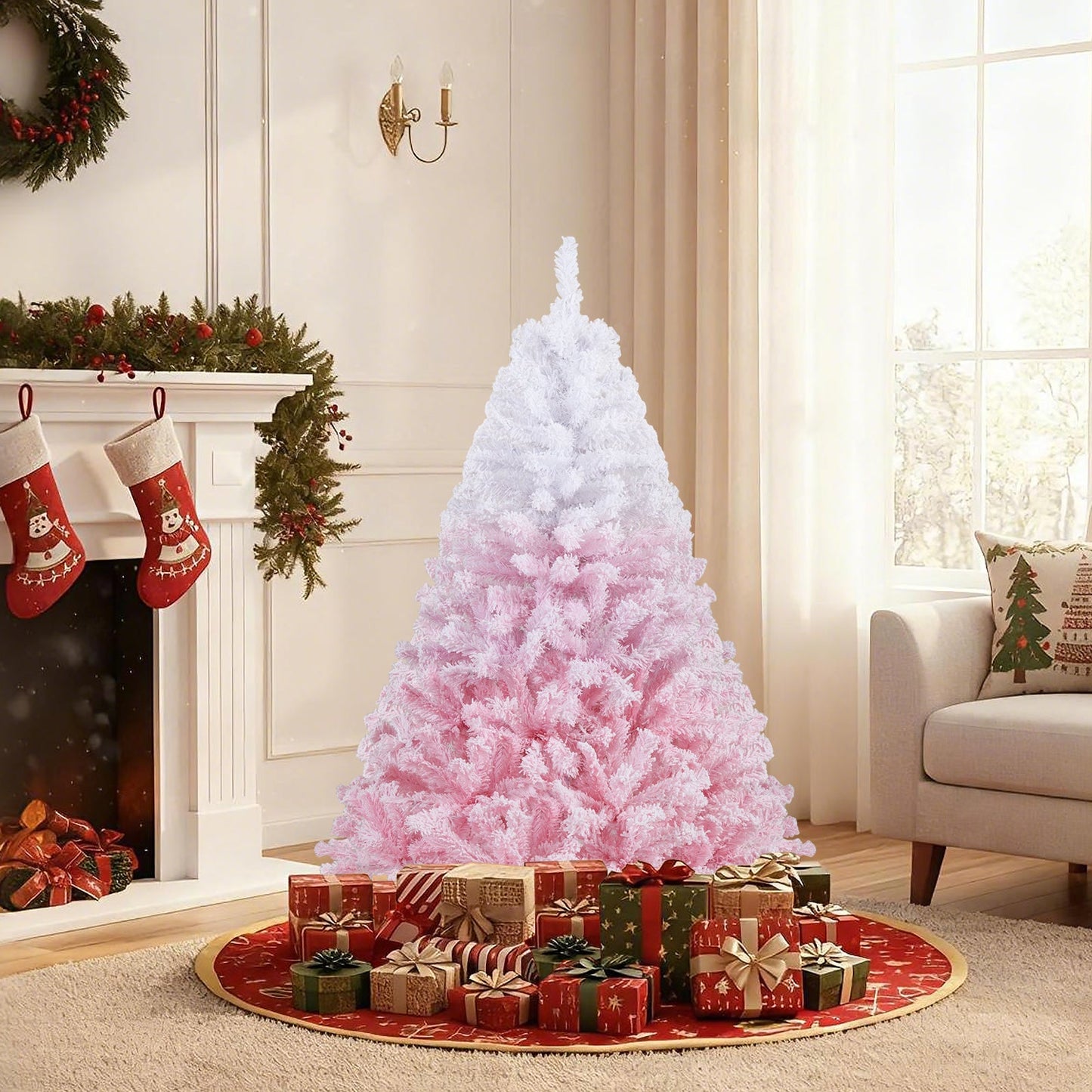 5/6/7/8 FT Artificial Christmas Tree with Warm White LED Lights and 8 Modes for Holiday