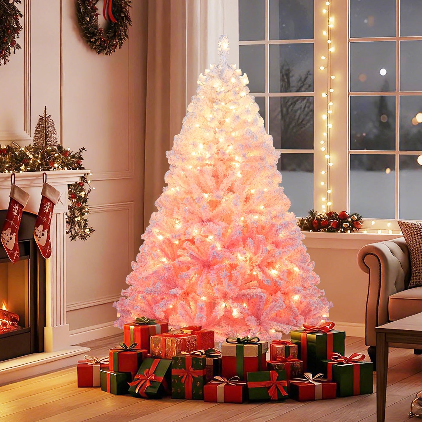 5/6/7/8 FT Artificial Christmas Tree with Warm White LED Lights and 8 Modes for Holiday