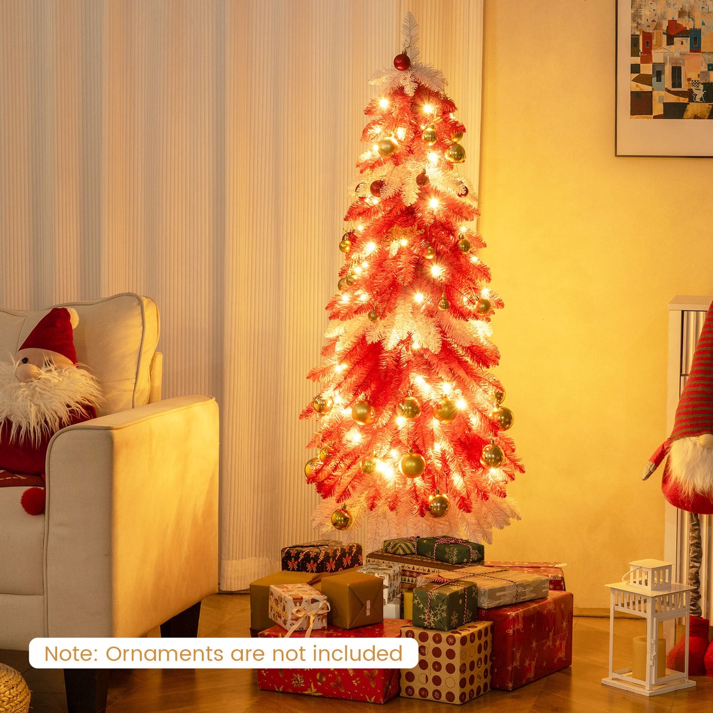 5 FT Artificial Christmas Tree Pre-lit Xmas Trees with 301 Red and White Branch Tips