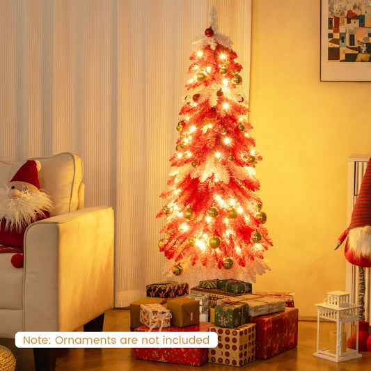 5 FT Artificial Christmas Tree Pre-lit Xmas Trees with 301 Red and White Branch Tips
