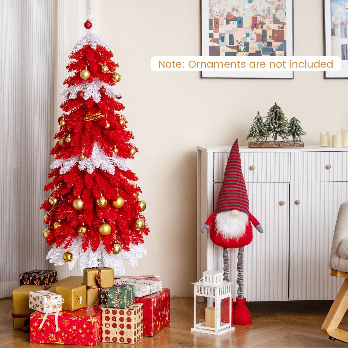 5 FT Artificial Christmas Tree Pre-lit Xmas Trees with 301 Red and White Branch Tips
