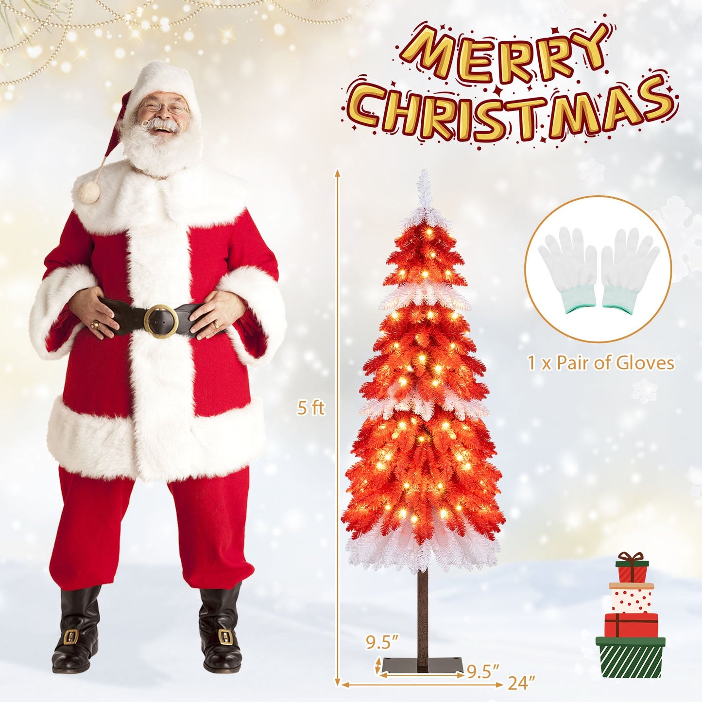 5 FT Artificial Christmas Tree Pre-lit Xmas Trees with 301 Red and White Branch Tips