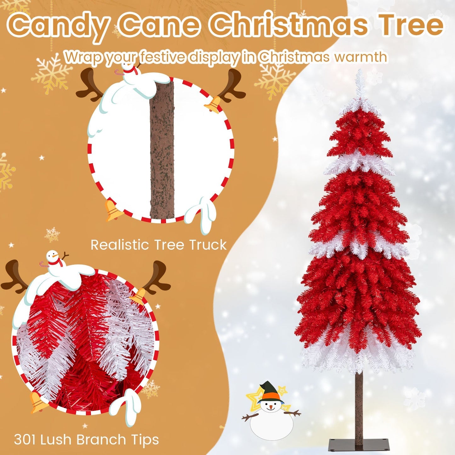 5 FT Artificial Christmas Tree Pre-lit Xmas Trees with 301 Red and White Branch Tips