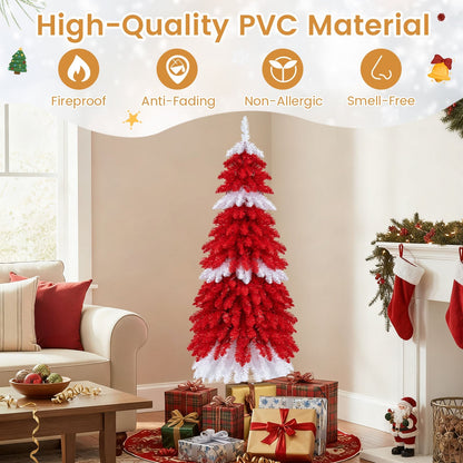 5 FT Artificial Christmas Tree Pre-lit Xmas Trees with 301 Red and White Branch Tips