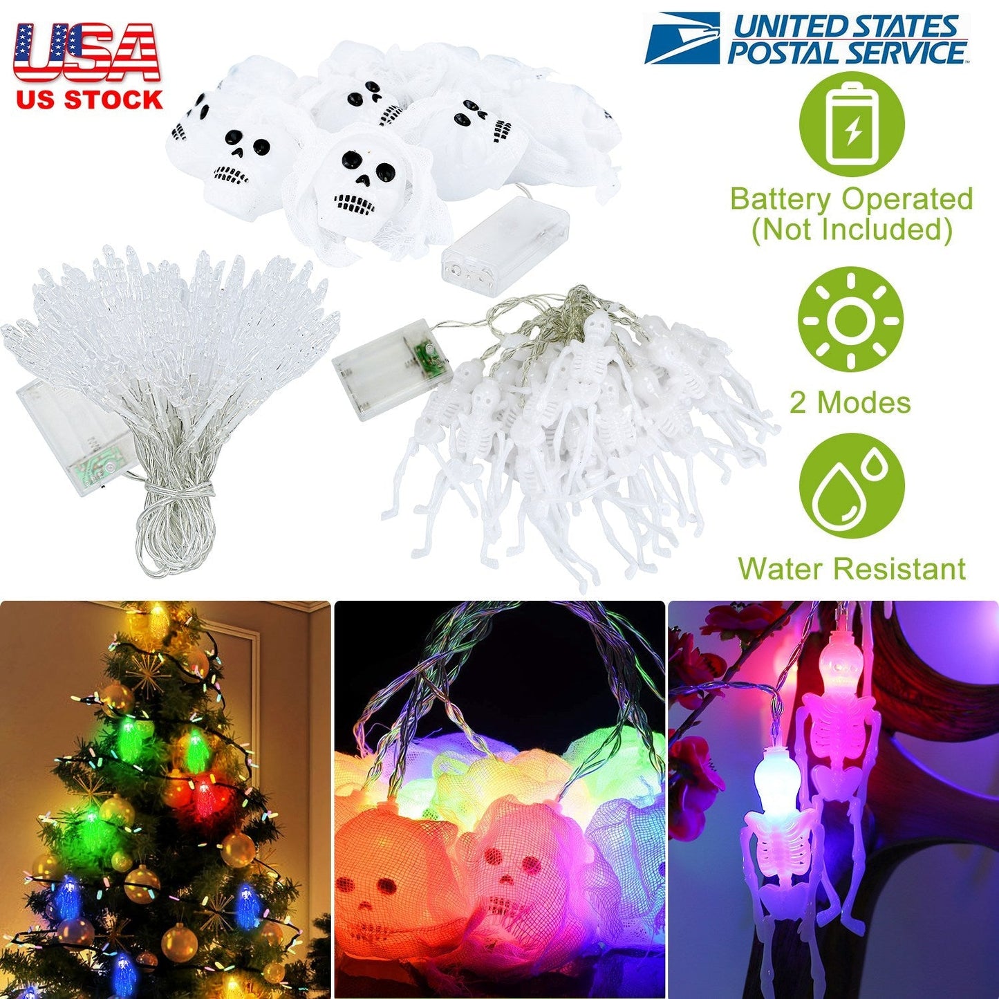 3Pcs Halloween Light Decorations Total 50 LEDs 24ft Halloween String Lights Colorful 3D Skeleton Ghost String Lights Gauze Skull String Lights Spooky