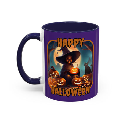 Happy Halloween Cute Witch Orange font Purple Accent Mug by CreepyCrafts.boo