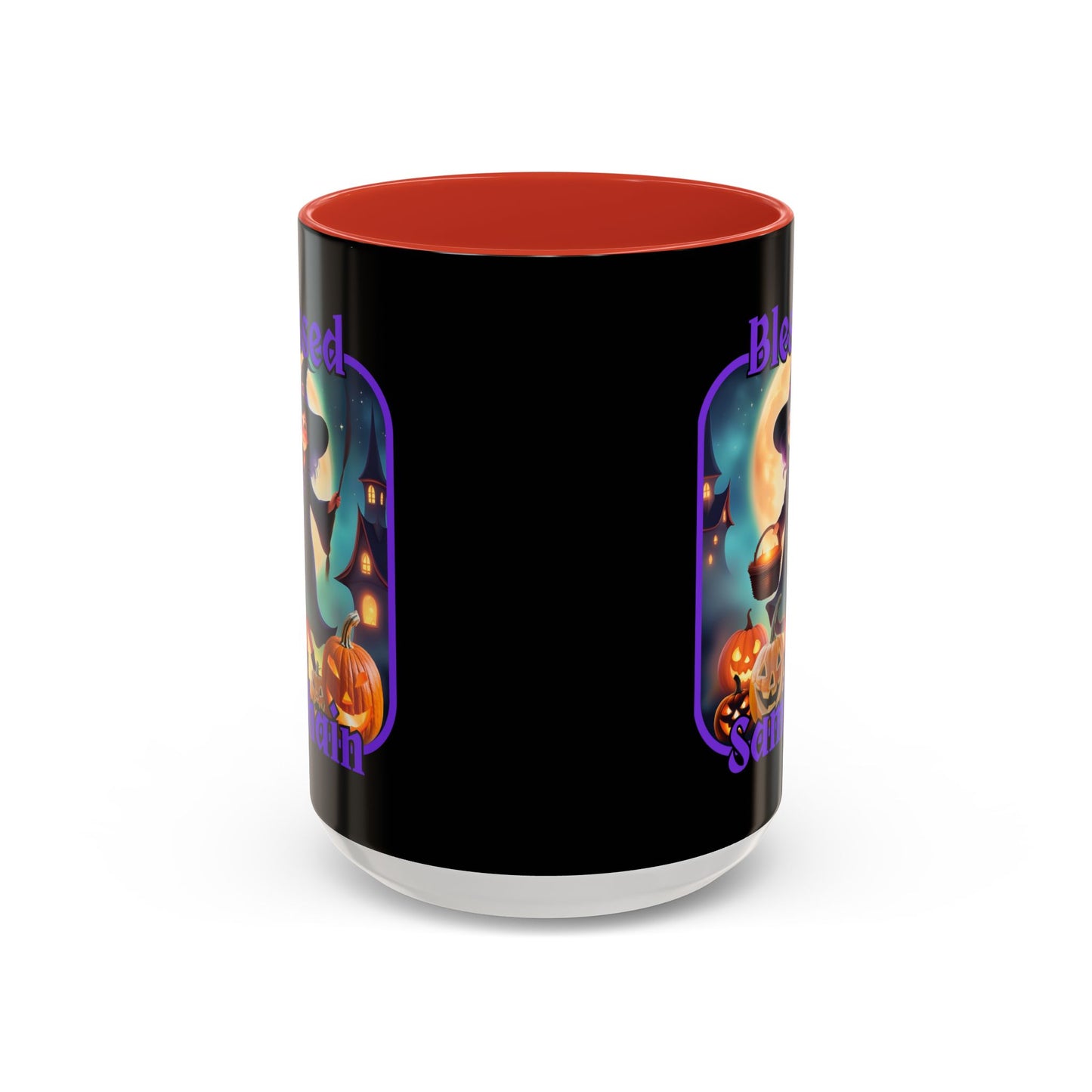 Blessed Samhain Little Witch Purple font Black Accent Mug by CreepyCrafts.boo