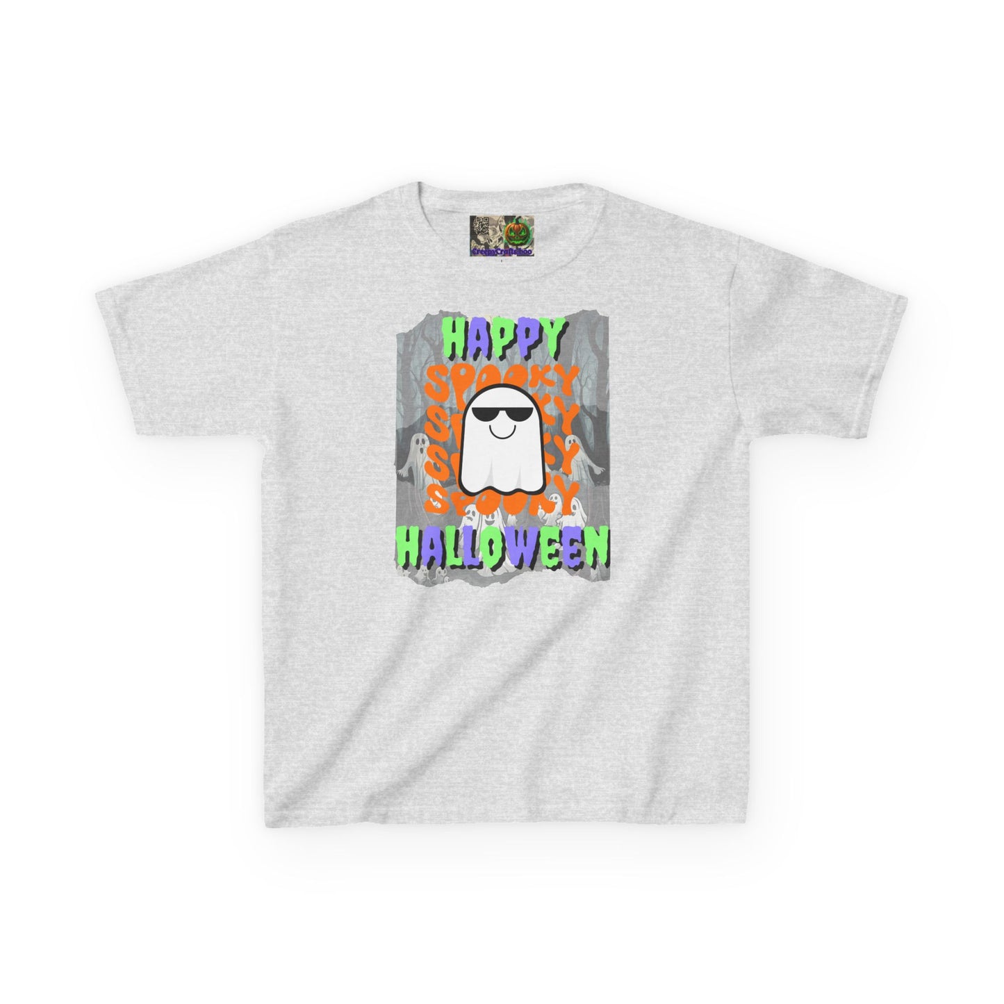 Spooky Happy Halloween Ghost Mixed font Kids Heavy Cotton™ Tee by CreepyCrafts.boo