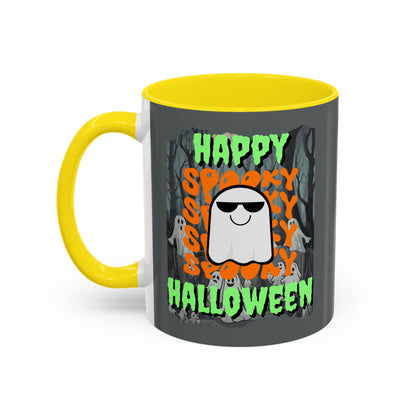 Spooky Happy Halloween Ghost Green font Grey Accent Mug by CreepyCrafts.boo