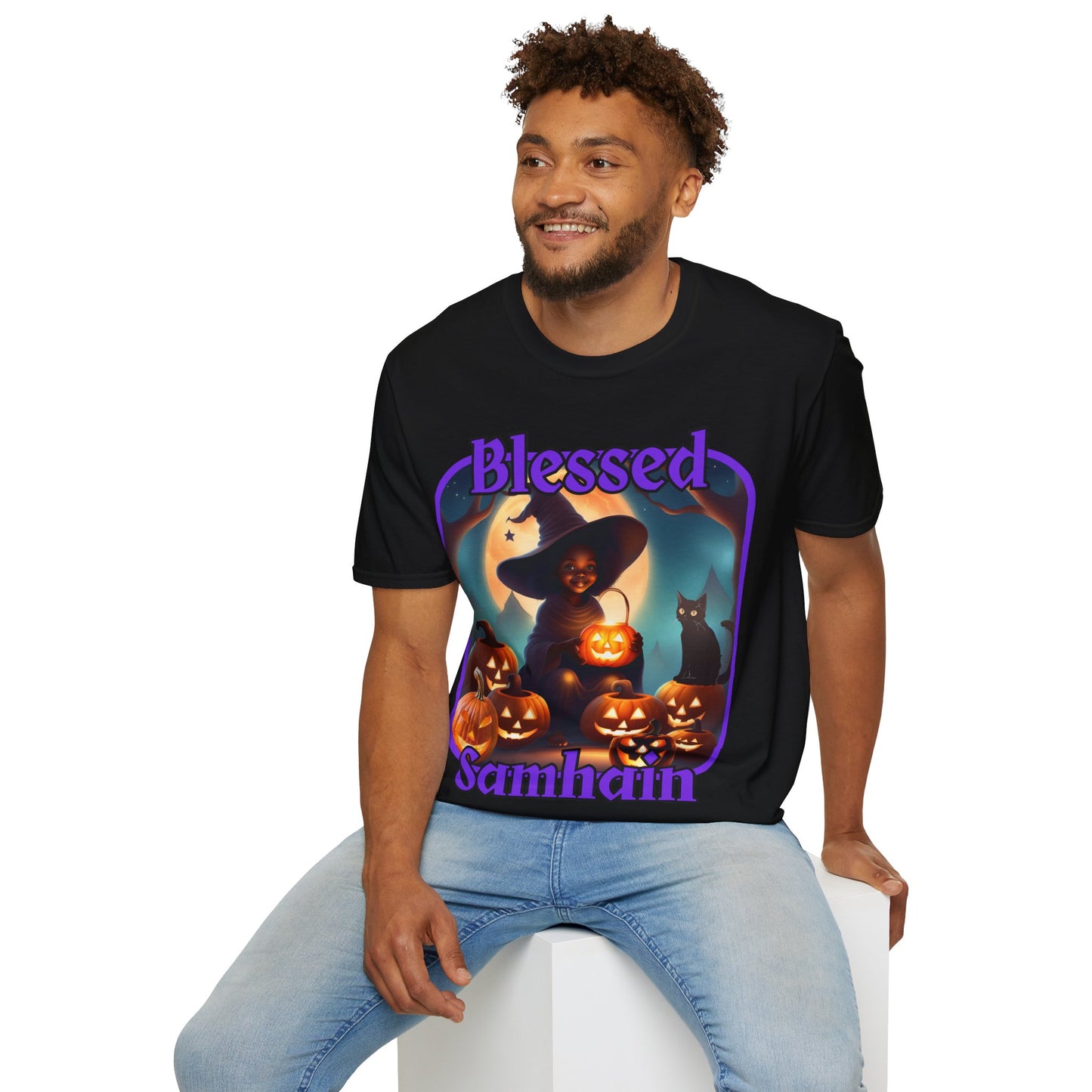 Blessed Samhain Cute Witch Purple font Dark colors Unisex T-Shirt by CreepyCrafts.boo