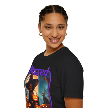 Blessed Samhain Cute Witch Purple font Dark colors Unisex T-Shirt by CreepyCrafts.boo