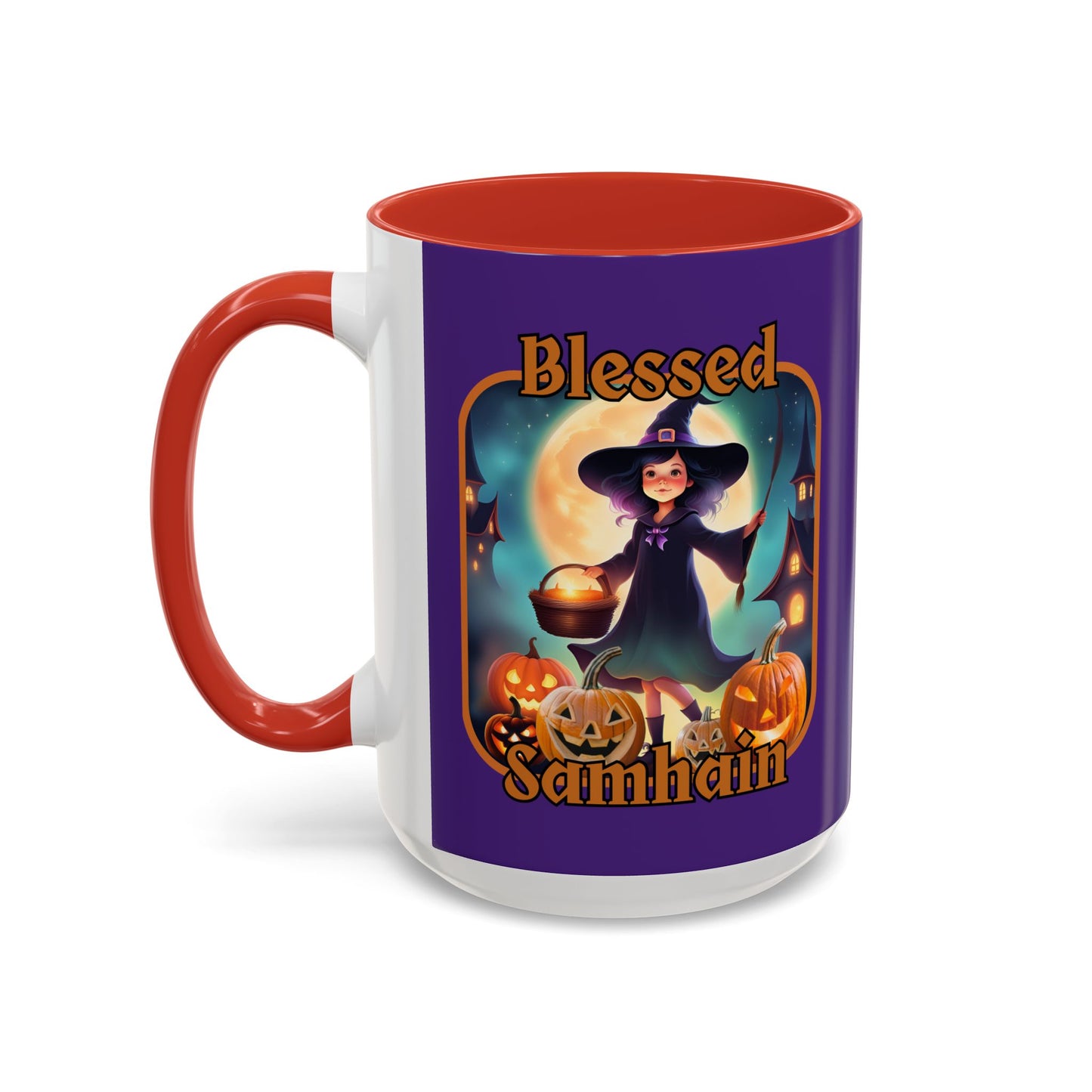 Blessed Samhain Little Witch Orange font Purple Accent Mug by CreepyCrafts.boo