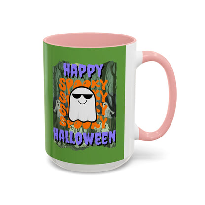 Spooky Happy Halloween Ghost Purple font Green Accent Mug by CreepyCrafts.boo