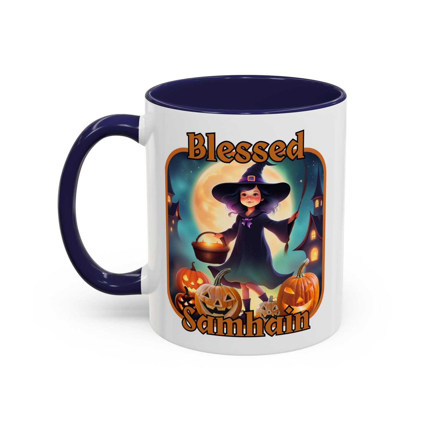 Blessed Samhain Little Witch Orange font White Accent Mug by CreepyCrafts.boo