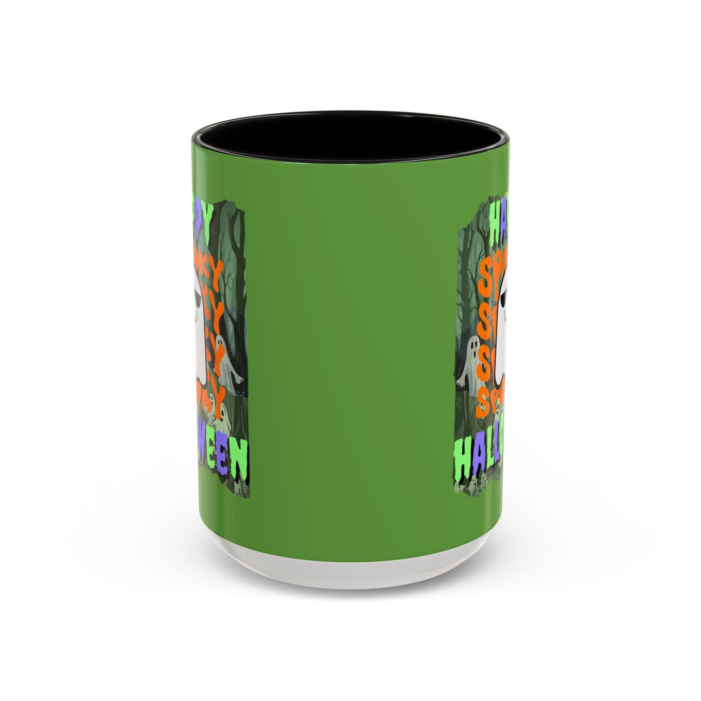 Spooky Happy Halloween Ghost Mixed font Green Accent Mug by CreepyCrafts.boo