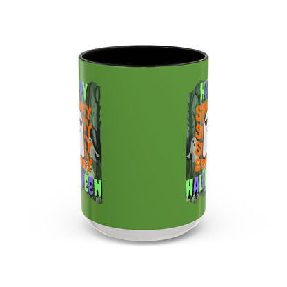 Spooky Happy Halloween Ghost Mixed font Green Accent Mug by CreepyCrafts.boo
