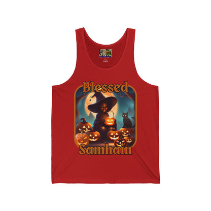 Blessed Samhain Cute Witch Orange font Unisex Jersey Tank Top by CreepyCrafts.boo
