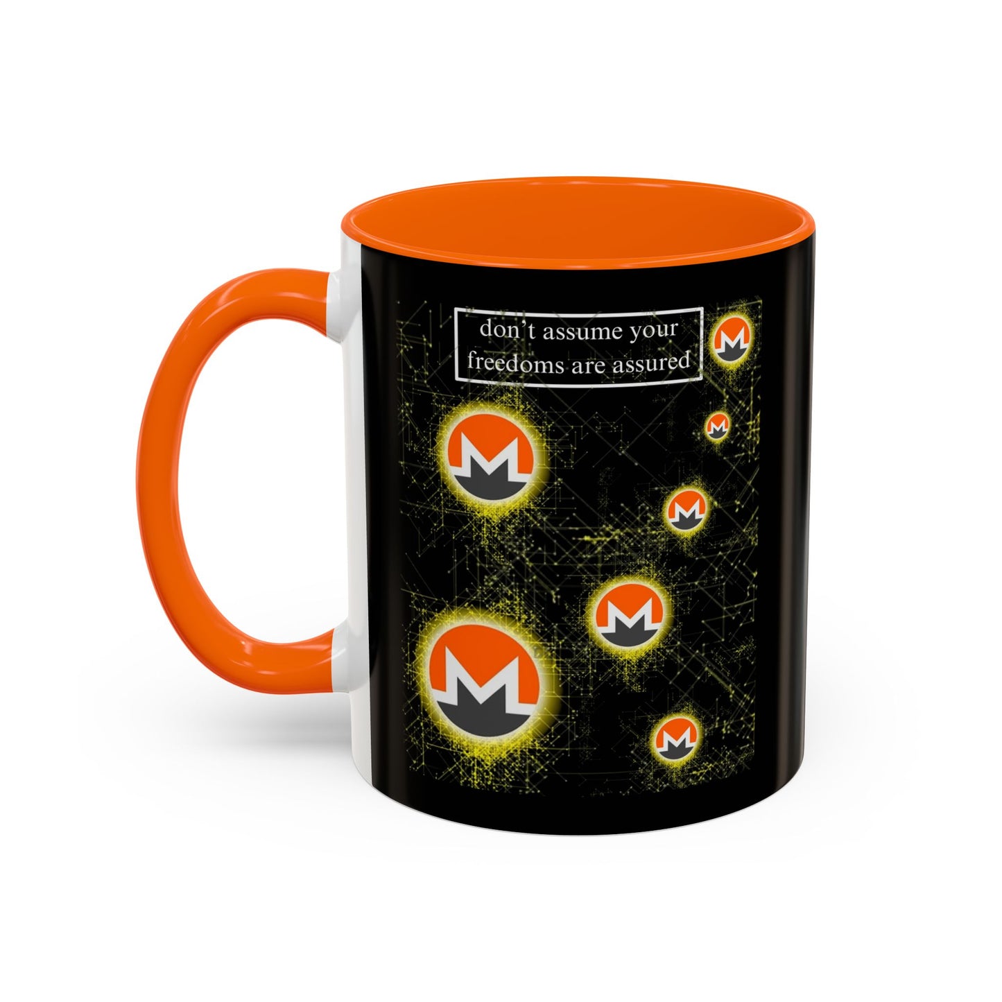Monero (XMR) don't assume your freedoms are assured Black Accent Mug by cypherpunkgear.com