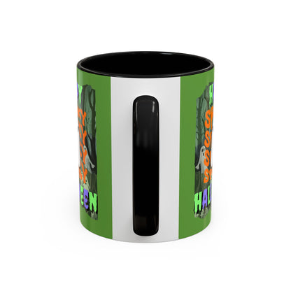 Spooky Happy Halloween Ghost Mixed font Green Accent Mug by CreepyCrafts.boo