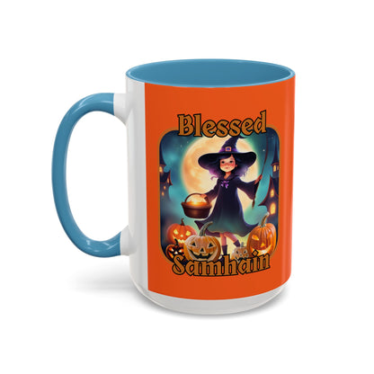 Blessed Samhain Little Witch Orange font Orange Accent Mug by CreepyCrafts.boo