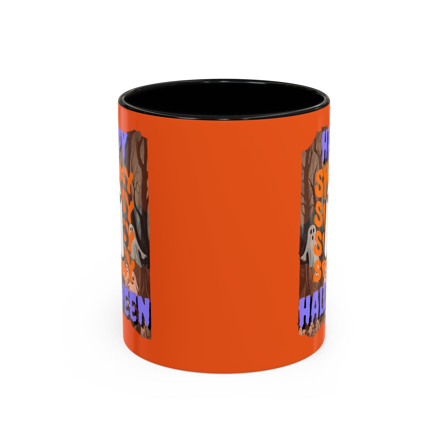 Spooky Happy Halloween Ghost Purple font Orange Accent Mug by CreepyCrafts.boo