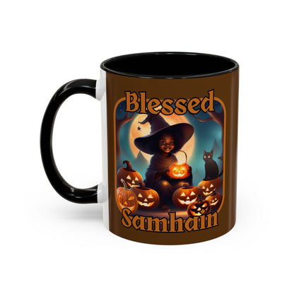 Blessed Samhain Cute Witch Orange font Brown Accent Mug by CreepyCrafts.boo