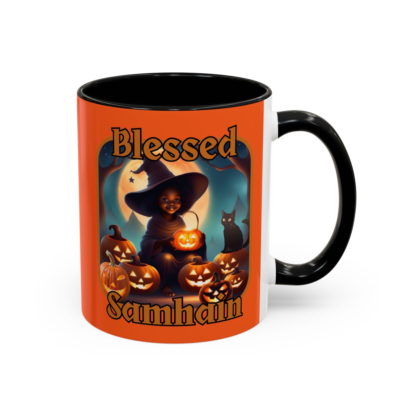 Blessed Samhain Cute Witch Orange font Orange Accent Mug by CreepyCrafts.boo