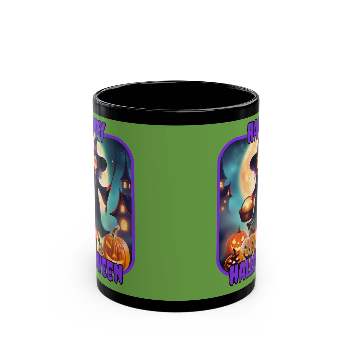 Happy Halloween Little Witch Purple font Green Mug by CreepyCrafts.boo