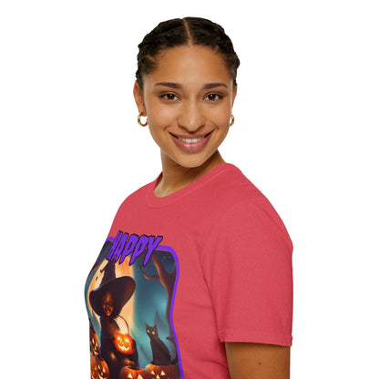 Happy Halloween Cute Witch Purple font Light colors Unisex T-Shirt by CreepyCrafts.boo