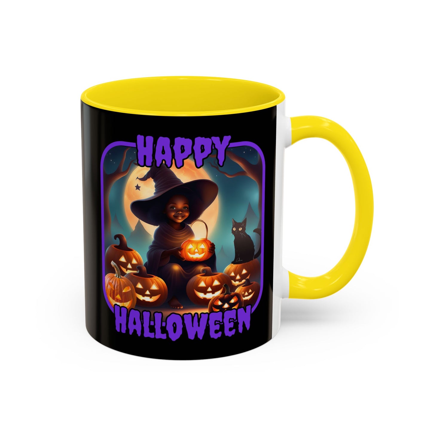 Happy Halloween Cute Witch Purple font Black Accent Mug by CreepyCrafts.boo