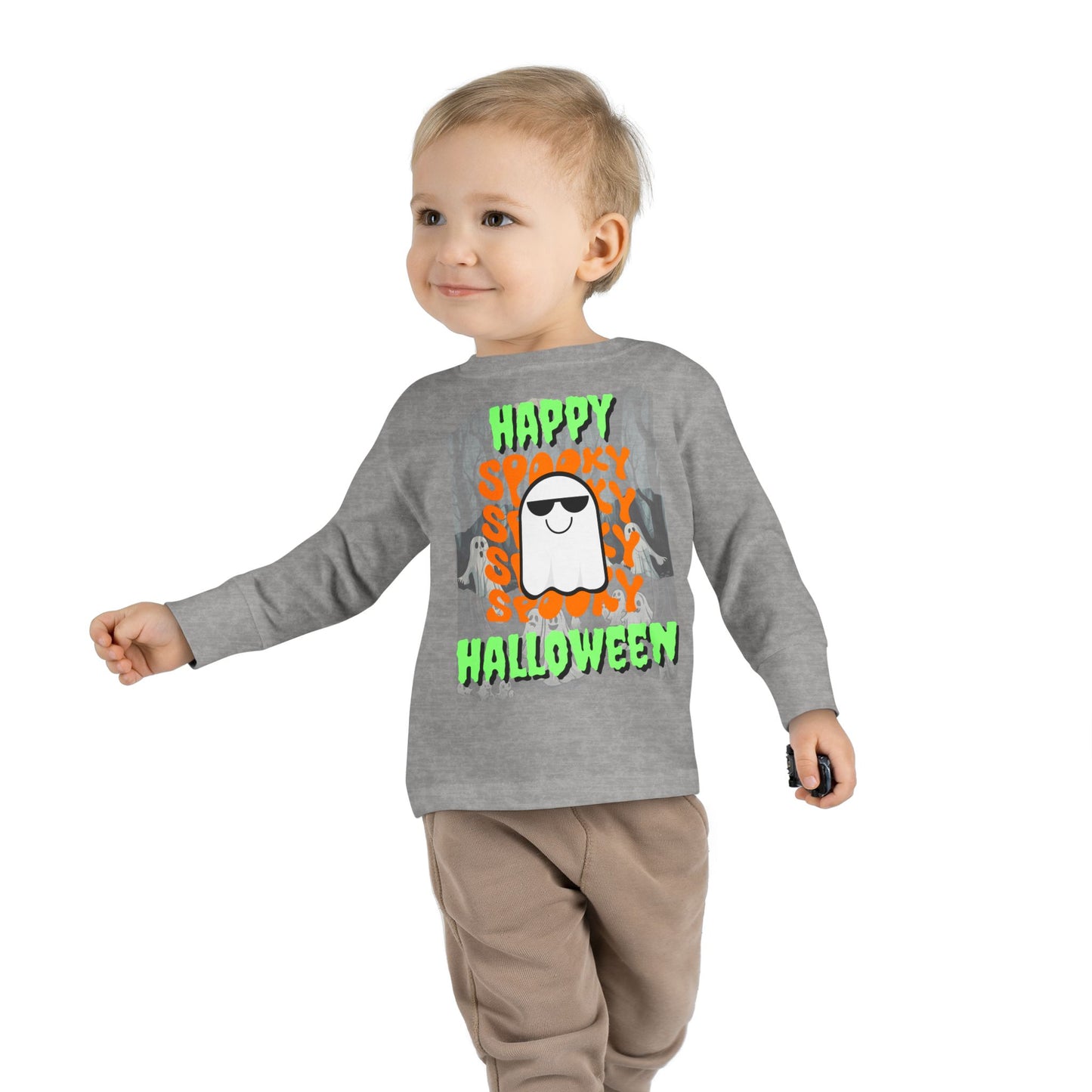 Spooky Happy Halloween Ghost Green font Toddler Long Sleeve Tee by CreepyCrafts.boo