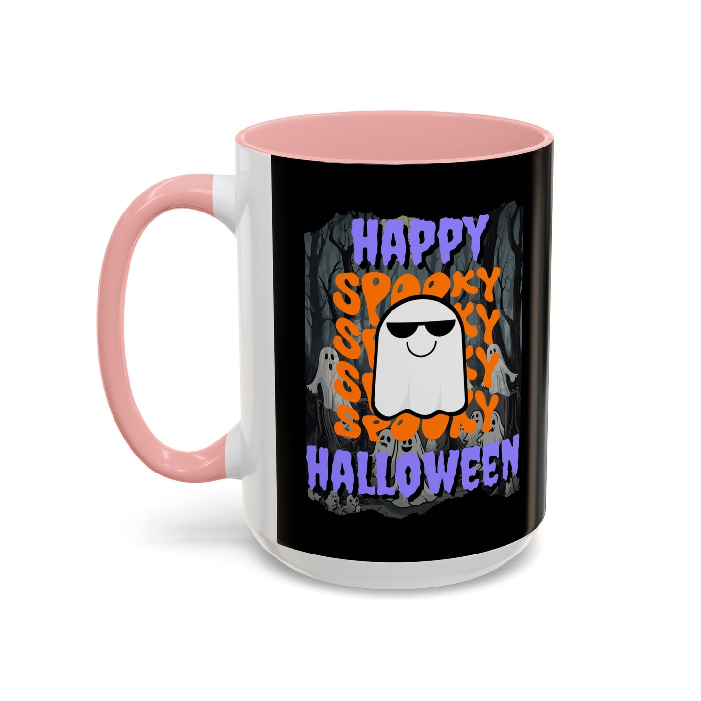 Spooky Happy Halloween Ghost Purple font Black Accent Mug by CreepyCrafts.boo