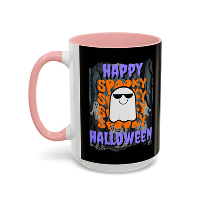 Spooky Happy Halloween Ghost Purple font Black Accent Mug by CreepyCrafts.boo