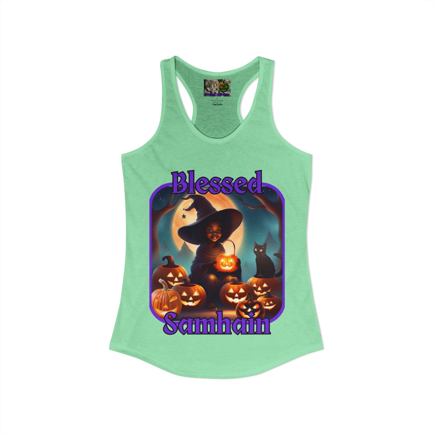 Blessed Samhain Cute Witch Purple font Women's Racerback Tank Top by CreepyCrafts.boo
